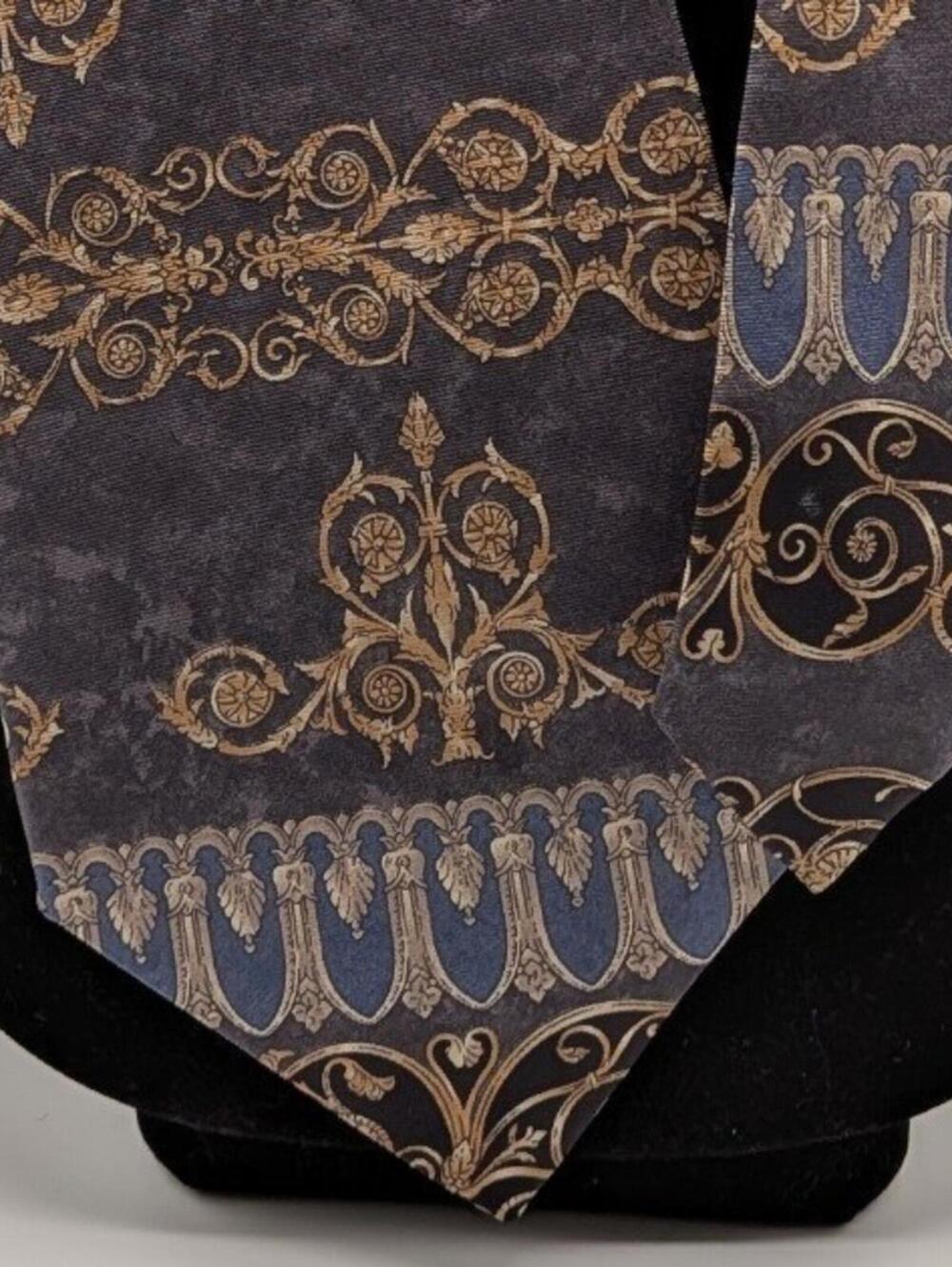 Etienne Aigner Vintage 90s Silk Baroque Scroll Column Pattern Grey Blue Gold Tie